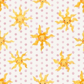 Whimsical Watercolor Suns: Cheerful Kids Clothing & Nursery Decor | Yellow on Spanish Pink | Medium Scale