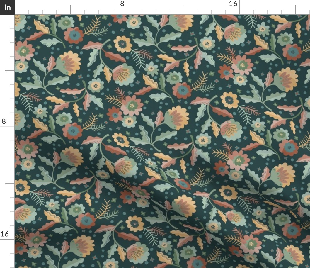 Jacobean Welcome Floral - Dark Green - Small