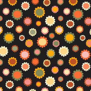 Scandi daisies plain in retro colors on black. Medium scale.