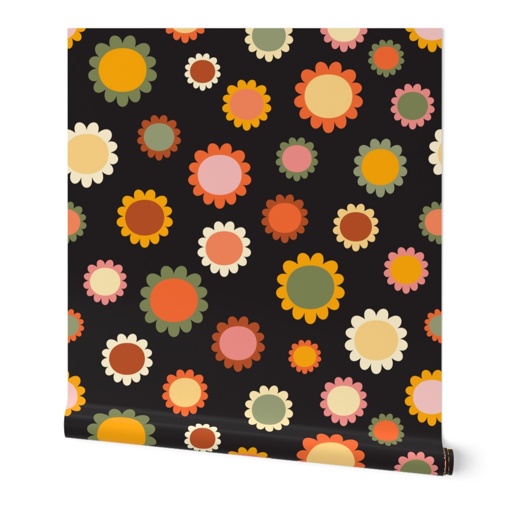 Scandi daisies plain in retro colors on black. Large scale.