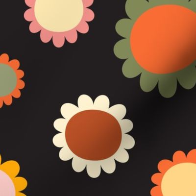 Scandi daisies plain in retro colors on black. Large scale.