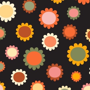 Scandi daisies plain in retro colors on black. Large scale.