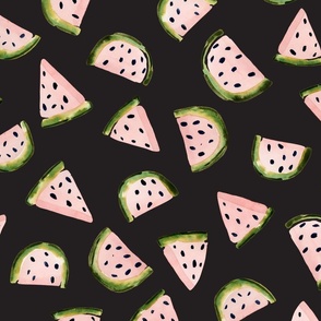 Whimsical Watermelon Delight: Handpainted Watercolor Fruits | Pink on Velvet Black | Large Scale