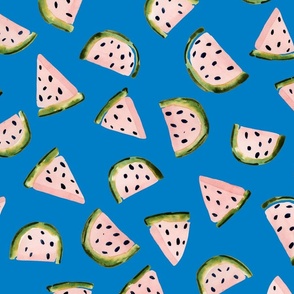 Whimsical Watermelon Delight: Handpainted Watercolor Fruits | Pink on Cerulean Blue | Large Scale