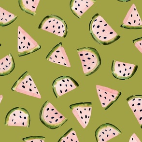 Whimsical Watermelon Delight: Handpainted Watercolor Fruits | Pink on Sycamore Green | Large Scale