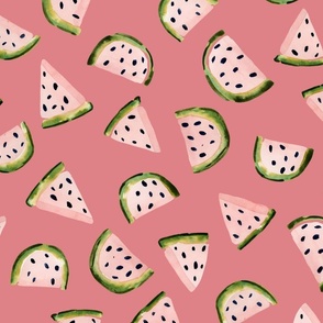 Whimsical Watermelon Delight: Handpainted Watercolor Fruits | Pink on Salmon Pink | Large Scale