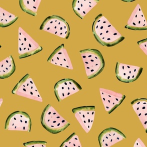 Whimsical Watermelon Delight: Handpainted Watercolor Fruits | Pink on Gold Yellow | Large Scale