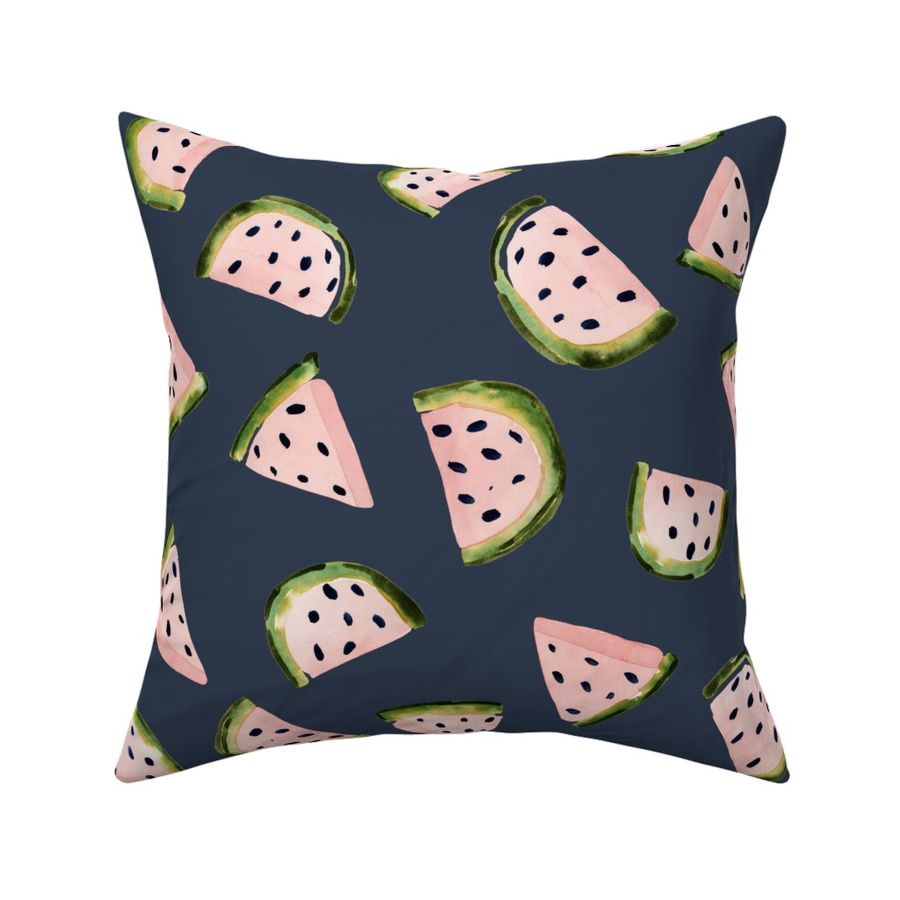 Whimsical Watermelon Delight: Handpainted Watercolor Fruits | Pink on Navy Blue | Large Scale