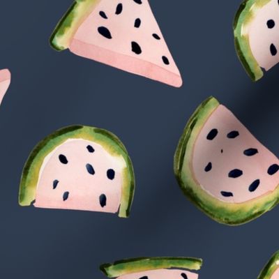 Whimsical Watermelon Delight: Handpainted Watercolor Fruits | Pink on Navy Blue | Large Scale