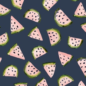 Whimsical Watermelon Delight: Handpainted Watercolor Fruits | Pink on Navy Blue | Large Scale
