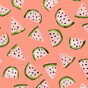 Whimsical Watermelon Delight: Handpainted Watercolor Fruits | Pink on Peach | Large Scale