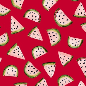 Whimsical Watermelon Delight: Handpainted Watercolor Fruits | Pink on Crimson Red | Large Scale