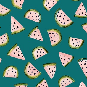 Whimsical Watermelon Delight: Handpainted Watercolor Fruits | Pink on Ocean Blue | Large Scale