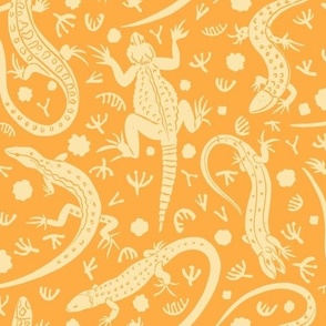 Lizard Reptile Silhouettes, Block Print Chameleon Animals on Yellow Background, Nature Woodland
