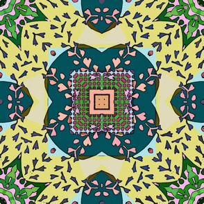 Yellow, teal and green geometric retro flowers 