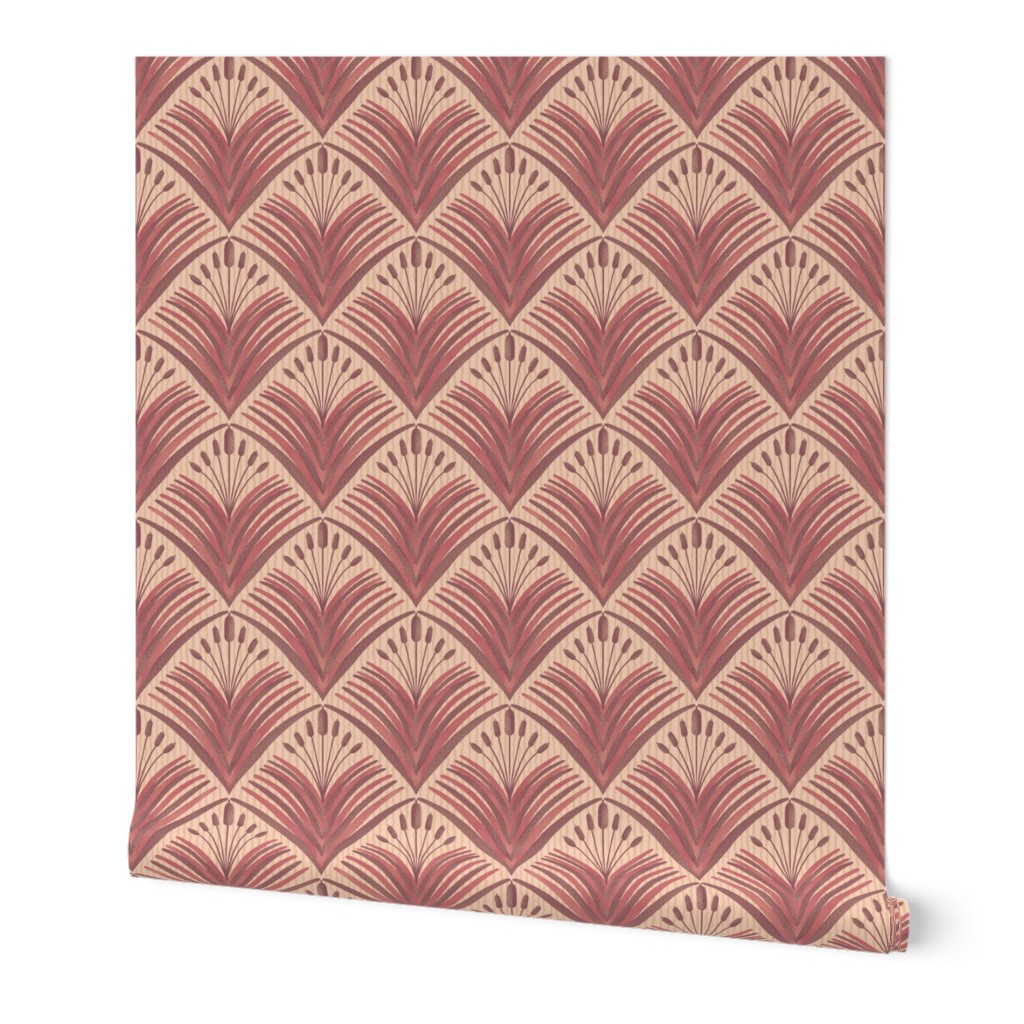 258 - large scale textured tonal Lakeside Reed, in art deco style in plum mauve and neutral warm ran for wallpaper, duvet cover, curtains, and soft furnishings