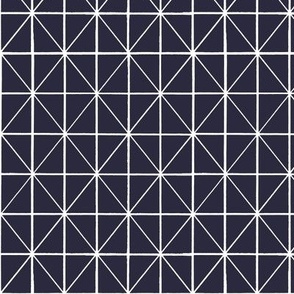 Windowpane checker with diagonal crossing - hand drawn lines white on dark evening blue