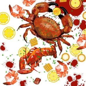 Crab boil feast corn crab shrimp seafood lemon slices ketchup lobster crab 