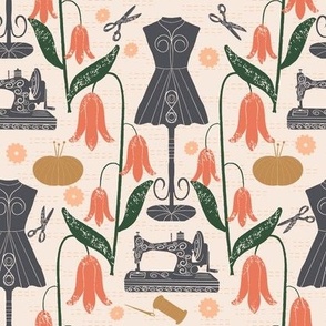 Vintage Bell Flowers Sewing Craft: Bright Linocut Pattern, Medium