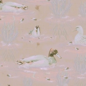 Whimsical Mallard Ducks Swimming, Lakeside Wildlife Landscape, Funny Diving Ducks, Cute Powder Room Ducks, Nature Lover Wildlife Enthusiast, Contemporary Lake Life, Cottagecore Comfort, Muted Pink Tones, Contemporary Lake Life, Cute swimming Ducks