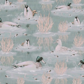 Painted Silver Gray Lakeside Scene, Playful Mallard Ducklings, Light Blue Gray Rippling Water, Rose Pink Riverbed Sky Reflections, Relaxing Bathroom Ducks, Painted Lake Life Birds, Wild Diving Ducks, Baby Pink Wildlife Feature Wall, Lake Life Cabin Birds