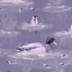 Textured Amethyst Cabincore Toile de Jouy, Cute Mallard Duck Riverbed Scene, Textured Cattail Bull Rushes, Riverside Swim Water Ripples, Modern Cottage Core Comfort, Wild Bird Illustration, Relaxing Living Room Feature Wall, Contemporary Lake Life Escape