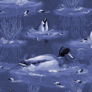 Tranquil Lakeside Setting, Mallard Ducklings Swimming, Royal Blue Riverbed Reflections, Calming Countryside Cottage Blue Hues, Tranquil Riverbank Blue Toile De Jouy, Swimming Lakeside Ducks, Bottoms Up Diving Ducks, Bathroom Powder Room Ducks