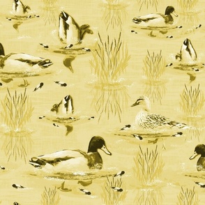 Cabincore Lakeside Duck Scene, Mallard Ducks Riverbed, Golden Mellow Yellow Toile De Jouy, Riverside Water Ripples, Modern Countryside Illustration, Relaxing Living Room Feature Wall, Bathroom Sanctuary, Farmhouse Kitchen Refresh, Yellow Monochrome Toile