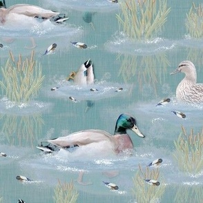 Sweet Sea Blue Lakeside Serenity, Wild Riverbed Mallard Birds, Sea Blue Sky Reflections, Painted Tapestry Wildlife Design, Relaxing Bathroom Ducks, Textured Painted Brushstrokes, Cabincore Aesthetic, Serene Lake Life Wildlife Ducks, Ocean Blue Sea Green