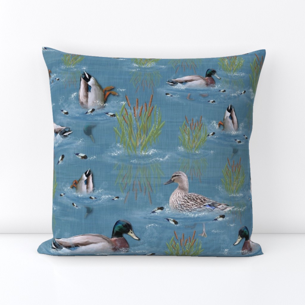 Modern Cobalt Blue Farmhouse Cabincore, Riverside Bulrushes, Mallard Ducks Diving for Food, Blue Water Ripples Reflections, Rural Countryside Ducks, Whimsical Farmhouse Kitchen Décor, Countryside Lake Life Ducks, Peaceful Moss Green Countryside Escape