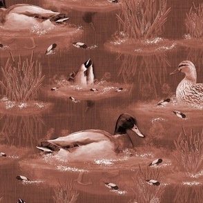 Whimsical Wildlife Sanctuary, Lakeside Water Ripples, Mallard Ducks Diving, Riverbank Lakeside Retreat, Artistic Whimsical Design, Duck Themed Powder Room, Tranquil Riverbank Lakeside Landscape, Warm Brown Earthy Neutrals Diving Swimming Ducks