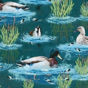 Happy Lakeside Oasis Duck Family, Mallard Duck Family Swimming, Aqua Blue Riverbed Water Ripples, Modern Wildlife Themed Design, Textured Painterly Brushstrokes, Cabincore Aesthetic, Riverside Reflections, Cute Shower Curtain Ducks, Dark Teal Blue Green