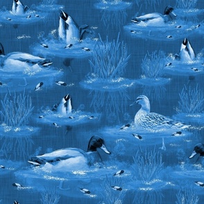 Whimsical Wildlife Sanctuary, Sapphire Blue Monochrome Toile, Mallard Ducks, Swaying Lakelife Cattails, Whimsical Duck Design, Cute Powder Room Ducks, Tranquil Riverside Waters, Countryside Birds, Modern Farmhouse Animals, Whimsical Sapphire Blue Lake