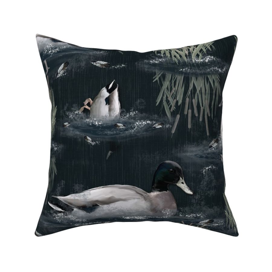 Tranquil Midnight Blue Lakeside Bird Sanctuary, Cute Mallard Ducks Swimming in Dark Blue Water Ripples, Cattail Grasses Pond, Bird Feathers, Modern Painterly Design for a Calming Living Room Feature Wall Lakeside Paradise, Textured Brushstrokes Cabincore 