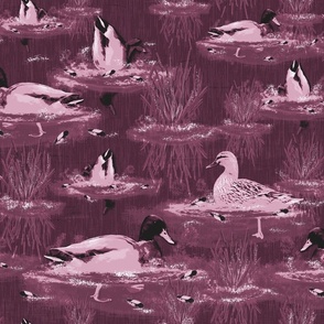 Tranquil Burgundy Lakeside Toile Oasis, Riverside Duck Family, Mallard Ducks Swimming in Rippled Water Riverbed, Modern Painterly Design, Calming Living Room Feature Wall, Lake Life Sanctuary, Lakeside Paradise Wine Purple Monochrome 