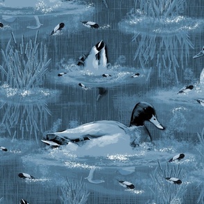 Tranquil Oasis Blue Bird Toile, Cobalt Blue Monochrome Mallard Ducks, Sea Blue Water Ripples, Modern Painterly Design for a Calming Living Room Feature Wall, Tranquil Lake Life Cabincore Comfort, Countryside Retreat, Bathroom Inspiration on Textured Backg