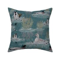 Blue Gray Diving Ducks Lake, Mallard Ducklings, Moss Green Riverbed, Pale Aquamarine Sky Reflections, Painted River Scene Relaxing Bathroom, Rose Pink Duck Powder Room, Tranquil Waters Countryside Charm, Feathered Friends Swimming