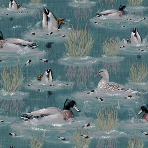 Blue Gray Diving Ducks Lake, Mallard Ducklings, Moss Green Riverbed, Pale Aquamarine Sky Reflections, Painted River Scene Relaxing Bathroom, Rose Pink Duck Powder Room, Tranquil Waters Countryside Charm, Feathered Friends Swimming