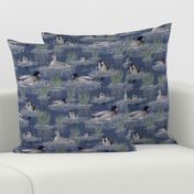 Whimsical Lakeside Wildlife, Navy Blue Riverbed, Playful Mallard Ducks Diving and Swimming, Teal Green Water Ripples, Whimsical Moss Green Design for a Cute Powder Room, Graceful Swimmers, Cabincore Feathered Friends Comfort, Tranquil Lake Life