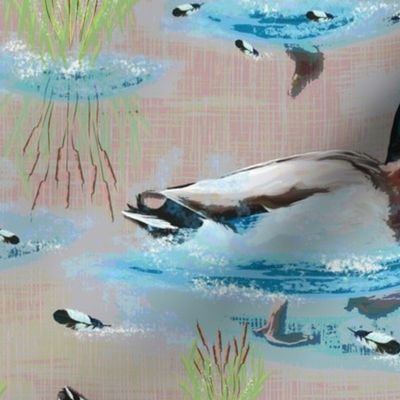Bottoms Up Mallard Ducks, Scenic Riverside Water View, Lake Life Mallard Ducklings, Riverbed Water Ripples Reflections, Painted Textured Tapestry Cabincore Style Design, Relaxing Bathroom Ducks, Mauve Cobalt Blue