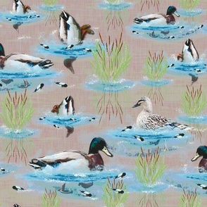 Bottoms Up Mallard Ducks, Scenic Riverside Water View, Lake Life Mallard Ducklings, Riverbed Water Ripples Reflections, Painted Textured Tapestry Cabincore Style Design, Relaxing Bathroom Ducks, Mauve Cobalt Blue