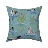 Cute Bottoms Up Swimming Ducks, Quirky Modern Farmhouse Kitchen Décor, Mallard Ducks Diving for Food, Teal Green Water Reflections, Textured Whimsical Design, Farmhouse Kitchen Décor, Bathroom Mallard Duck Decor, River Blue, Moss Green