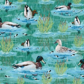 Whimsical Wildlife Sanctuary with Ducklings, Mallard Duck Family Swimming in Teal Green Water, Cattails Swaying in the Breeze, Whimsical Design for a Cute Powder Room, Happy Duck Family Lakeside Hideaway, Textured Teal Green, Emerald Green, Ocean Blue