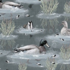 Lakeside lakelife Cabincore Mallard Duck Riverside Scene, Charcoal Silver Gray Riverbed, Light Blue Water Ripples, Rustic Charm Lakeside Fun, Modern Cottage Ducks River Scene Illustration, Relaxing Feature Wall of Swimming Diving Ducks, Charcoal Blue Gray