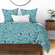 Whimsical Riverside Sanctuary, Mallard Duck Family Diving in Aquamarine Blue Waters, Rustic Charm, Playful Lakeside Fun, Textured Painterly Design, Country Kitchen Pantry Lakeside Living, Emerald Green Lake Life Birds 