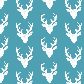 Deer Heads - Aqua Blue - White | Large Version | White deer antlers woodland print