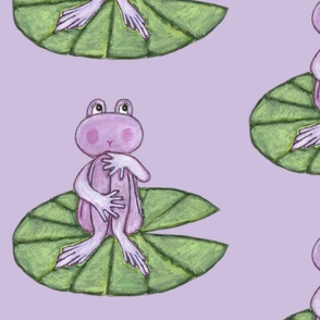 Purple frog sitting on a lily pad