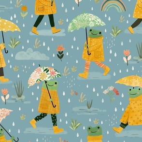 Frogs in the rain - yellow raincoat blue L