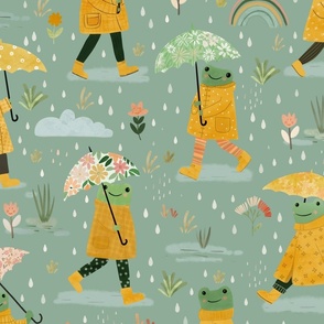 Frogs in the rain - yellow raincoat green L