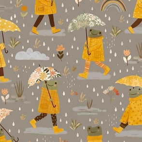 Frogs in the rain - yellow raincoat grey L
